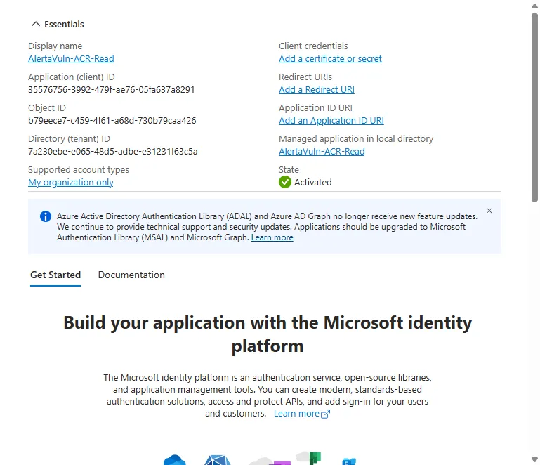 The app registration Overview blade with the Application (client) ID and Directory (tenant) ID fields in the Essentials list
