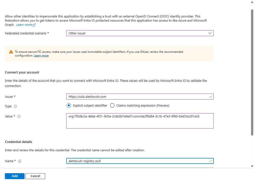 The Add a credential form with the Other issuer scenario selected, showing the Issuer, subject Value and Name fields filled with example values