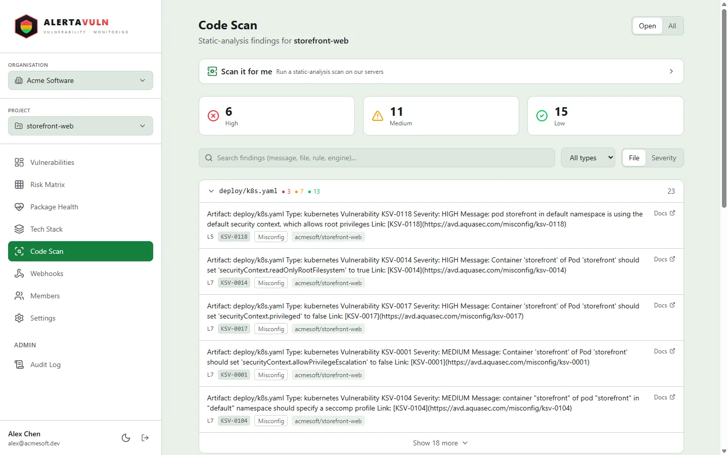 The Code Scan page with RED, YELLOW and GREEN severity count tiles, Secrets/Misconfig/Code/License type filters, and findings grouped per file