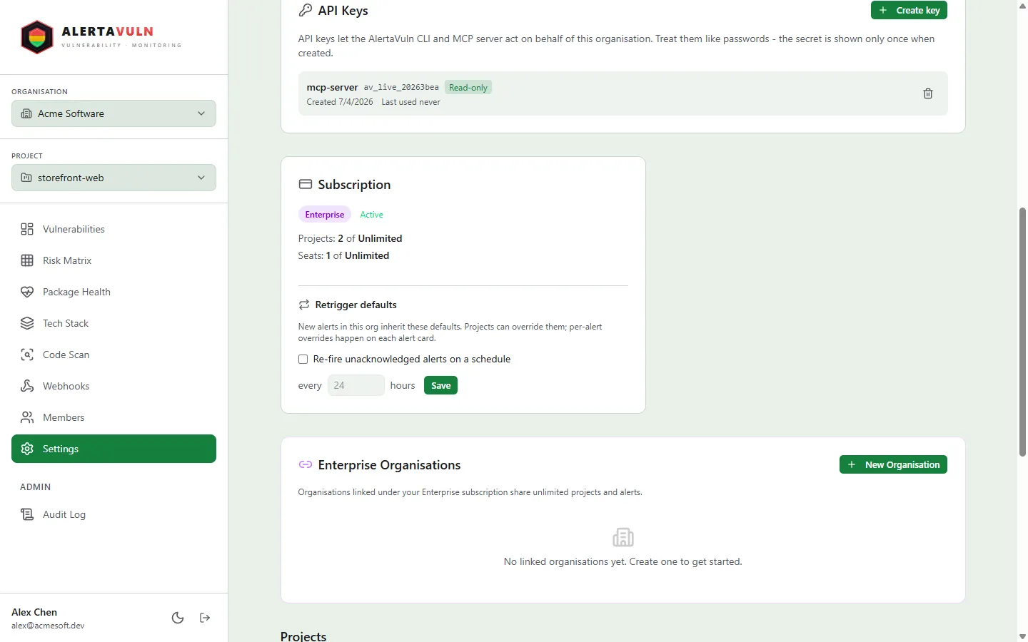 The Settings page API Keys panel with a key named mcp-server, showing its av_live_ prefix and scope