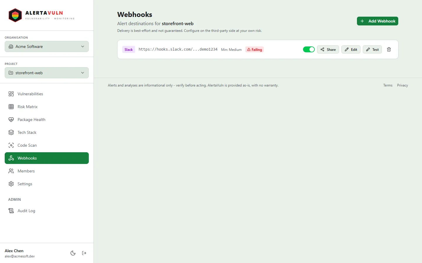 The Webhooks settings page listing a project’s alert destinations with their platform, enabled state and minimum severity